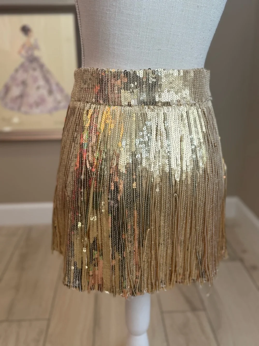 New! QUEEN OF SPARKLES Gold Sequin Fringe Mini Skirt